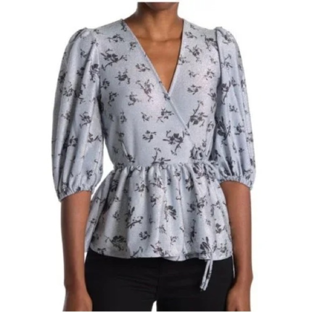 NWT Ganni Metallic Blue Floral Wrap Blouse